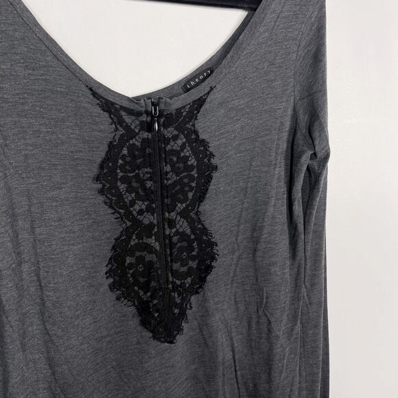 Theory Womens M Gray Black Lace Applique VNeck Long Sleeve Top Pima Cotton Modal - Picture 5 of 9